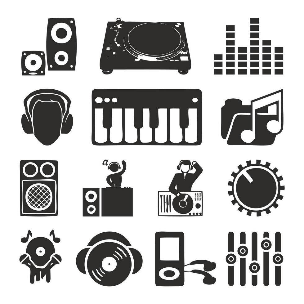 Icons of DJ staff and musical equipment set. vector