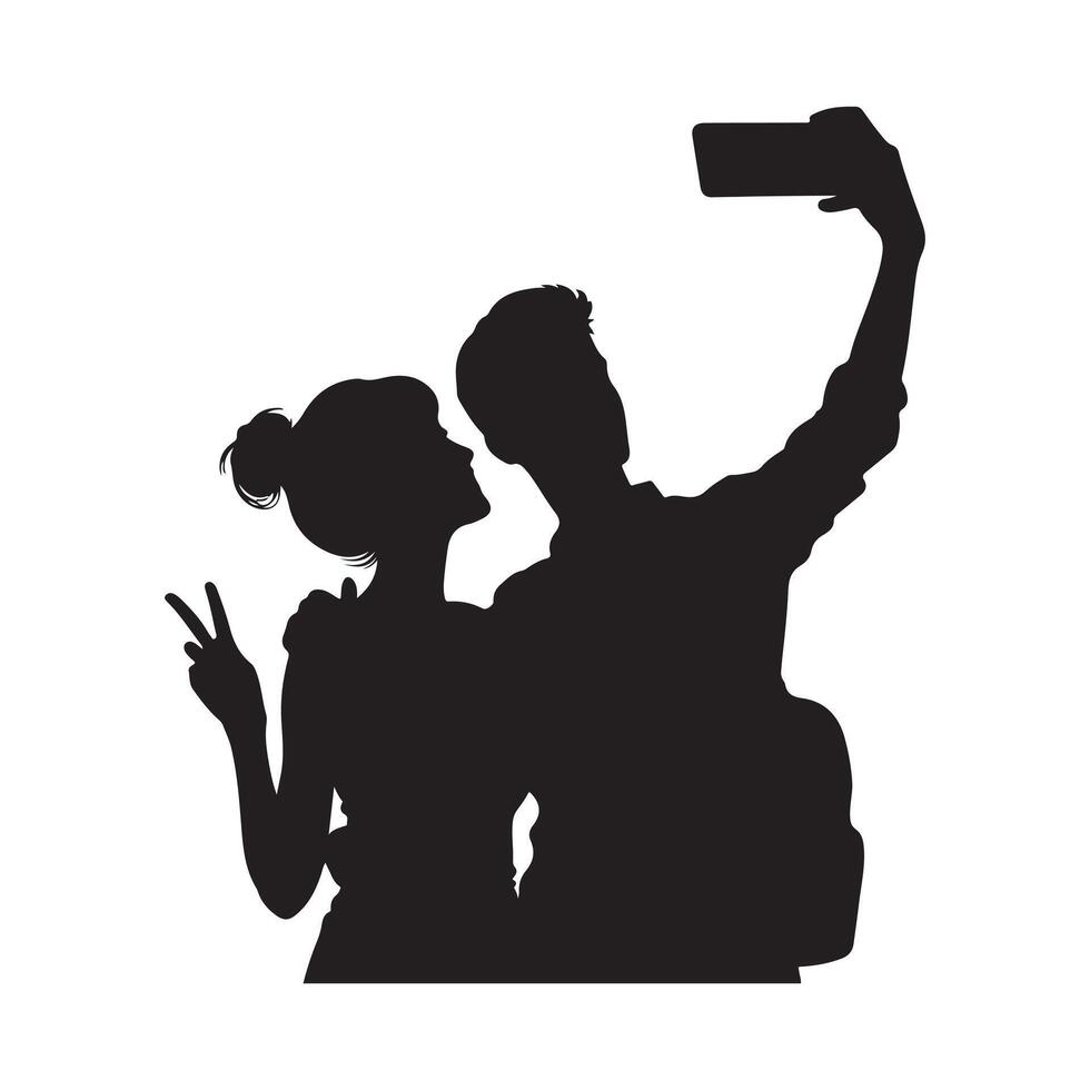 Silhouette of Couple Taking Selfies vector