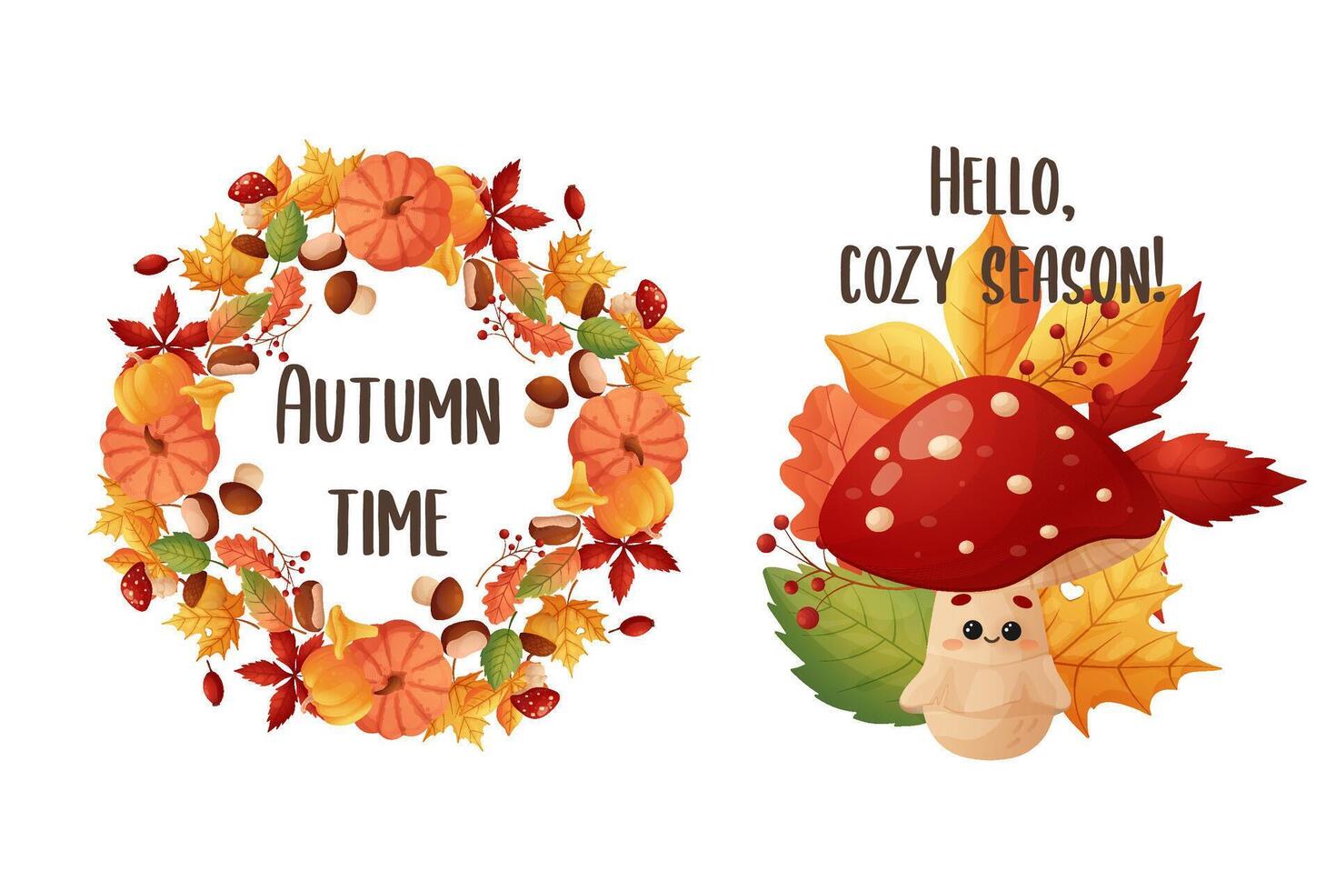Autumn time. Postcard designs, fall cute fly mushroom, frame with leaves. vector