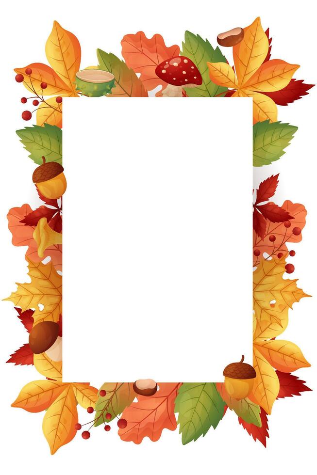 Hello Autumn. Autumn frame rectangular, with leaves and mushrooms on white background. vector