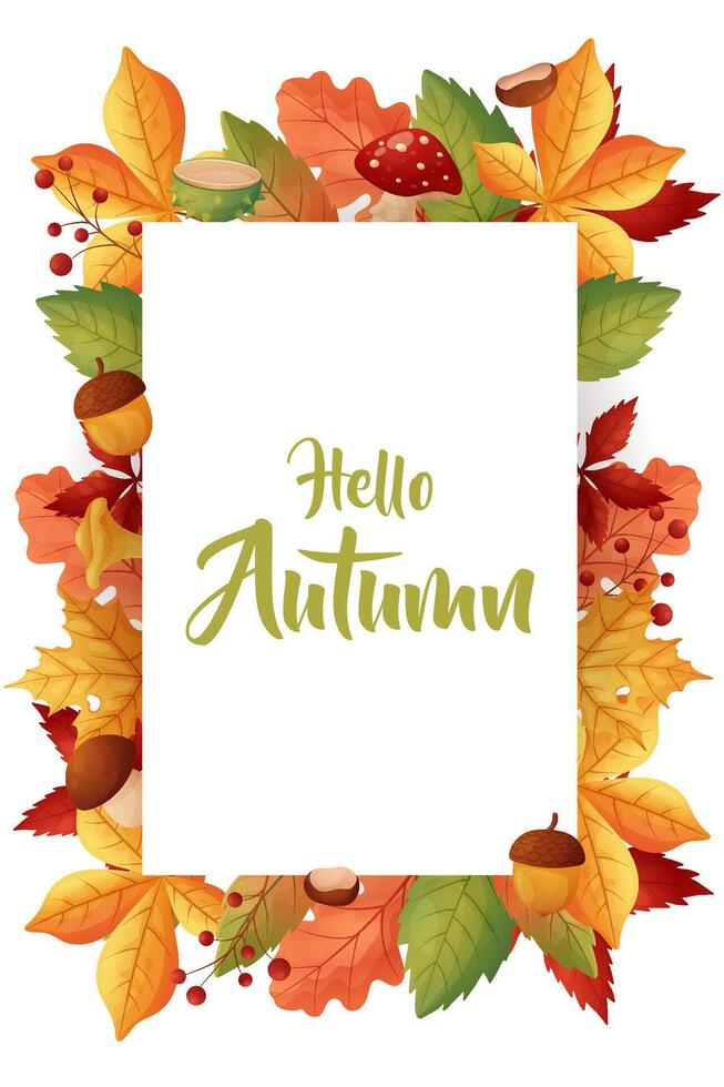 Hello Autumn. Autumn frame, postcard with leaves and mushrooms on white background. vector