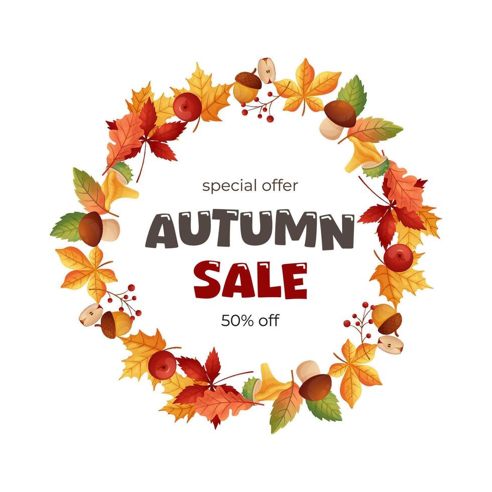 Autumn Sale. Autumn frame with leaves and mushrooms isolated on white background. vector