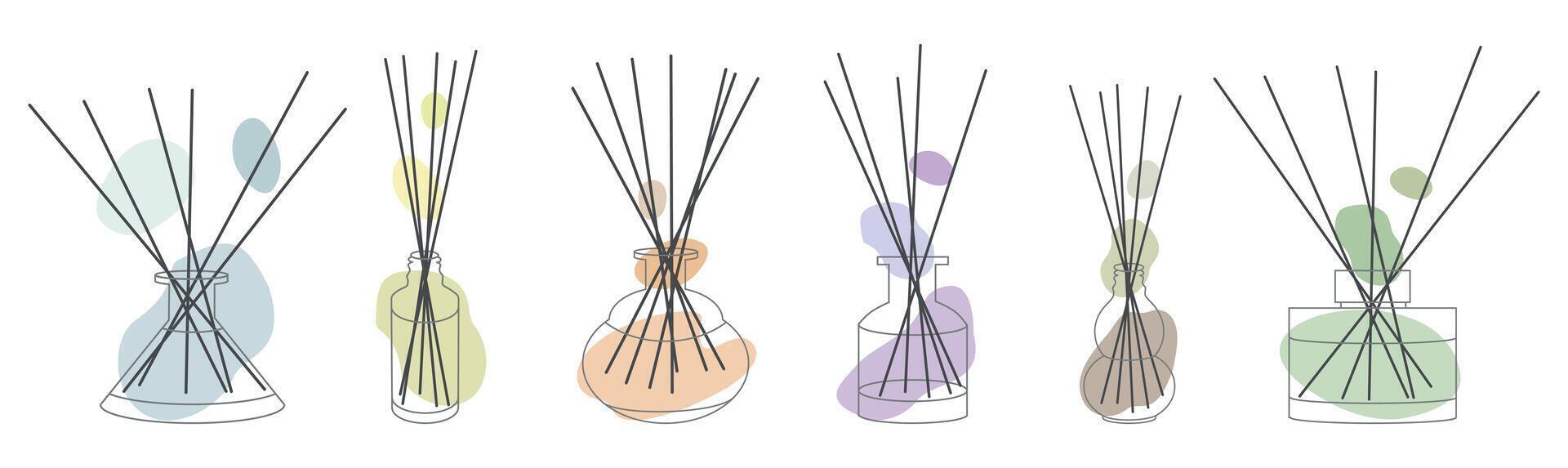 Set of aroma diffusers in jar with wooden Bamboo sticks for the home. Doodle sketch style. Linear simple diffuser with Abstract color shapes, hand drawn in line style. Isolated illustration. vector