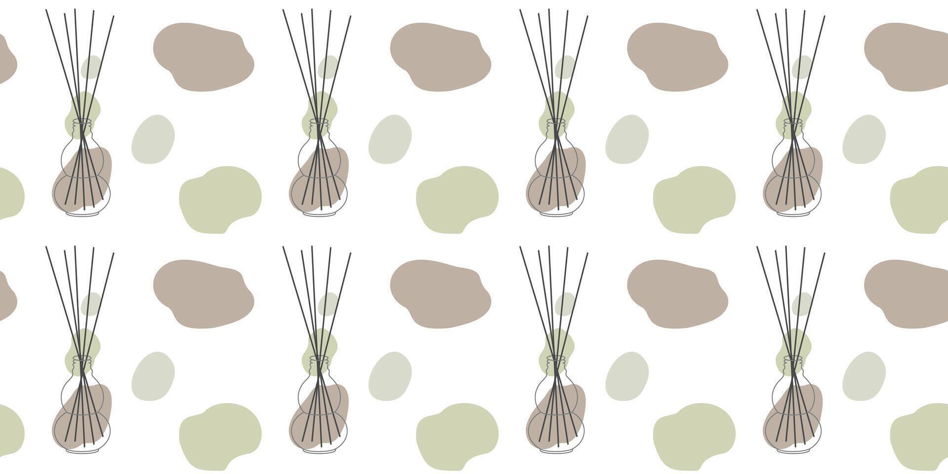 Aroma diffuser seamless pattern, cartoon flat illustration with Abstract color Shapes. Linear Aromatherapy, meditation and home fragrance concept, glass bottle with essential oil, bamboo sticks vector