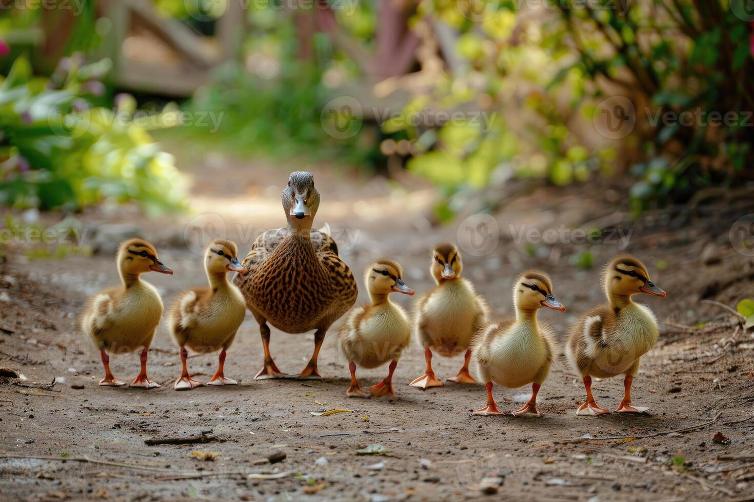 Adorable Fuzzy Ducklings Following Mother in a Row photo