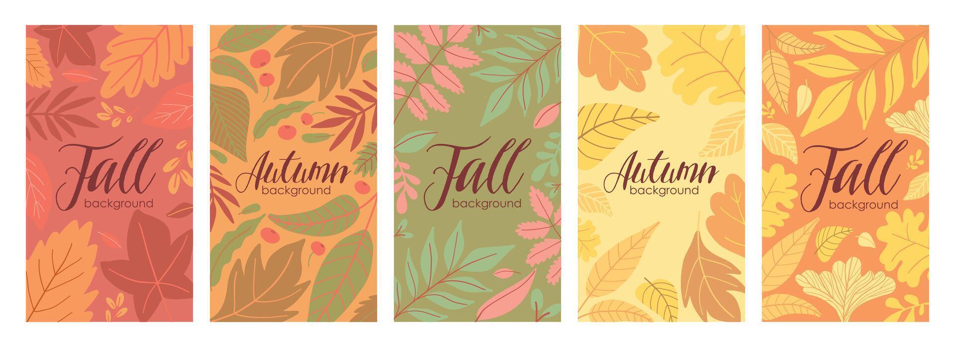 Autumn background set with colorful fall leaves, vibrant patterns, and seasonal foliage design vector