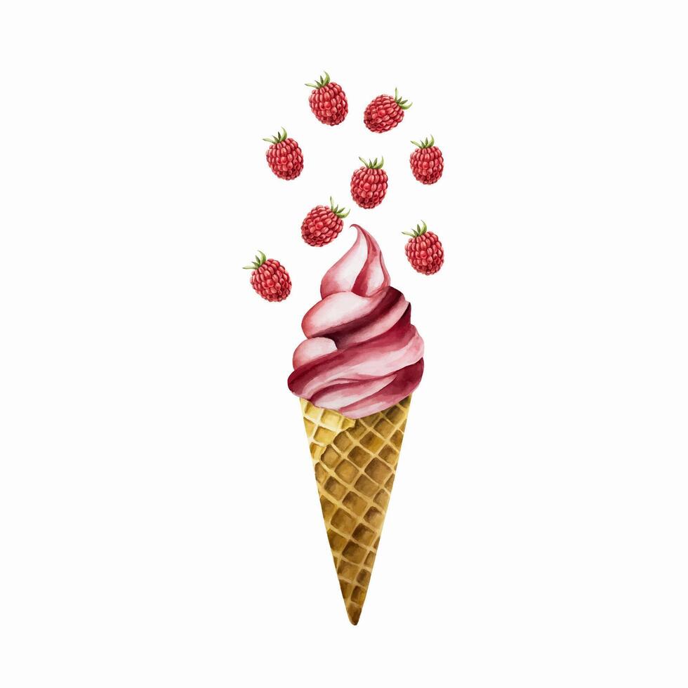 Raspberry soft ice cream with flying berries in crispy waffle cone. Hand painting sweet watercolor illustration isolated on background. For designers, menu, shop, decoration, restaurant, fo vector