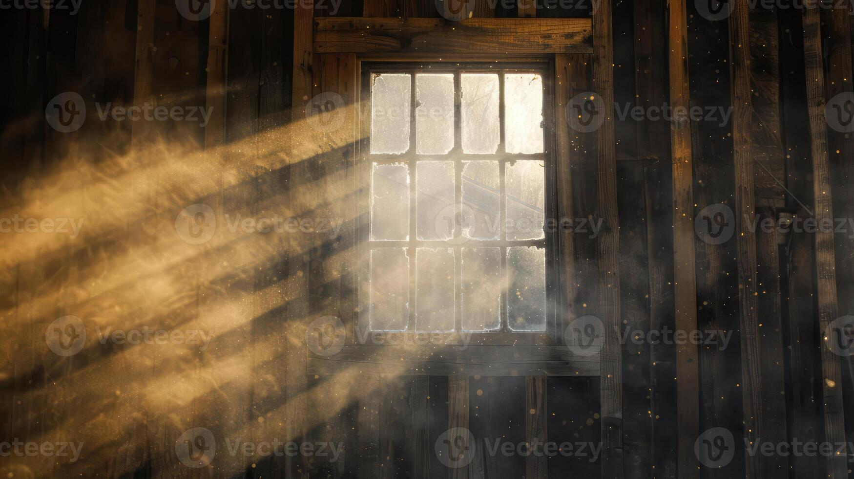 Sunlight filtering through dusty window of abandoned rustic barn photo
