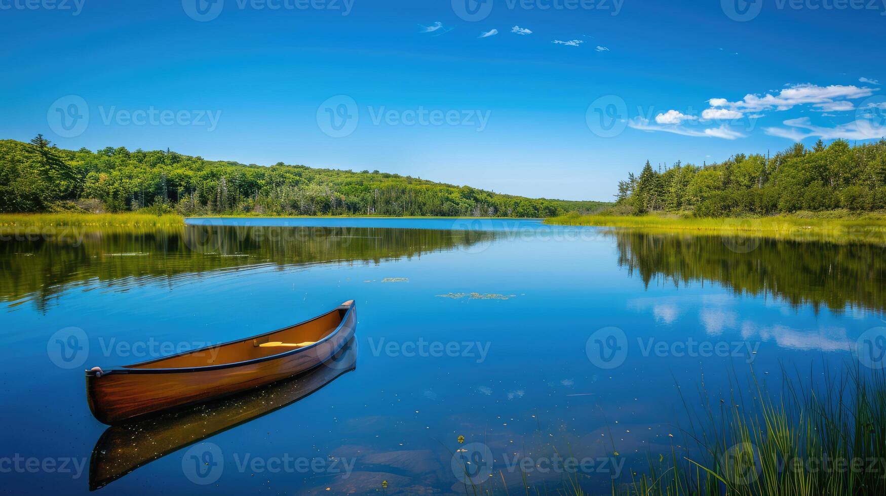 Tranquil Reflections A Canoe Drifting on Glassy Waters photo