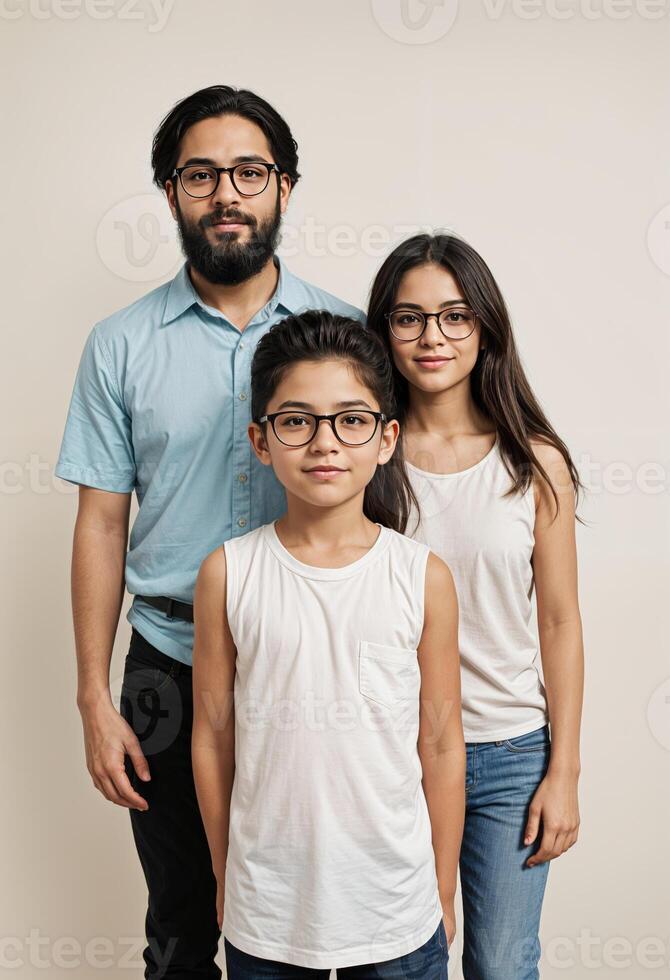 a hispanic family of three people wearing glasses photo