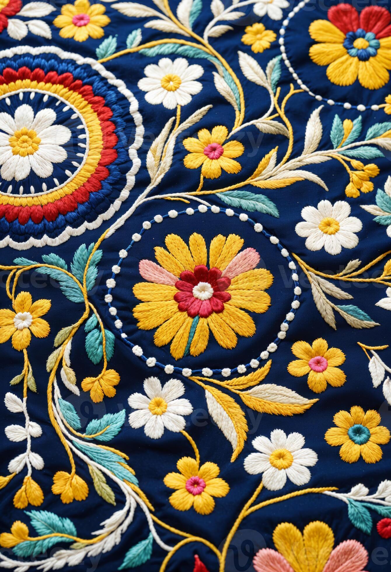 a close up of a colorful traditional hispanic embroidered fabric ...
