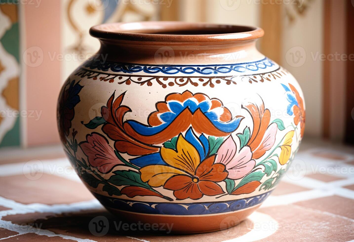 a hispanic pottery talavera vase with a colorful design on it photo
