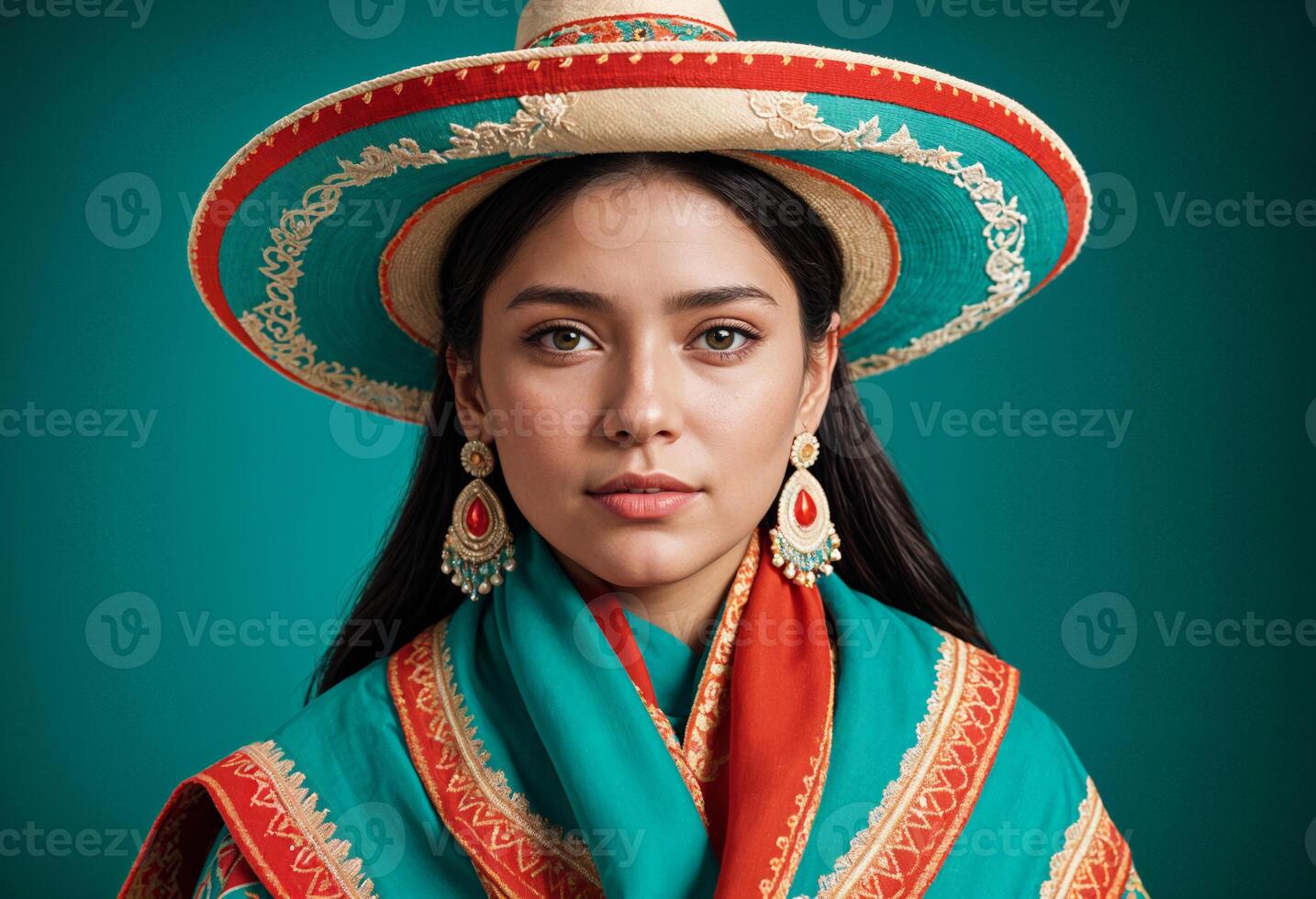 a woman in a hispanic traditional mexican costume with a sombrero photo