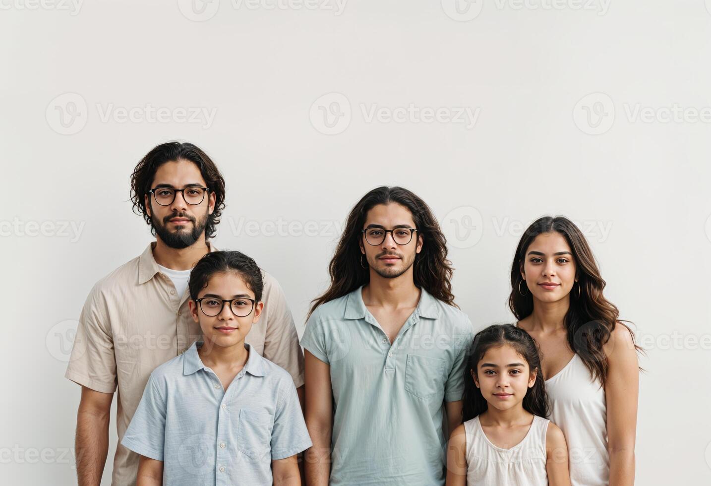 a hispanic family of four standing together in front of a white background photo