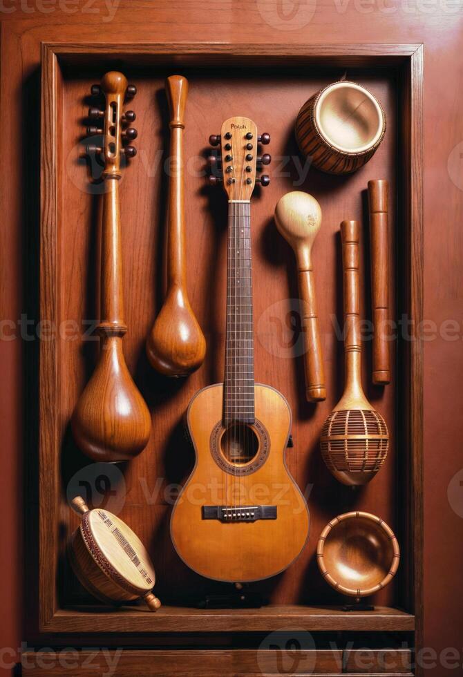various traditional hispanic musical instruments in a wooden box photo