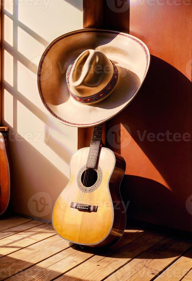 a guitar and a mexican cowboy hat, charro, sit on a wooden floor photo
