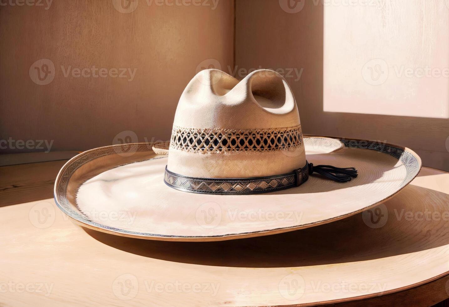 a mexican cowboy hat called charro sits on a wooden table photo