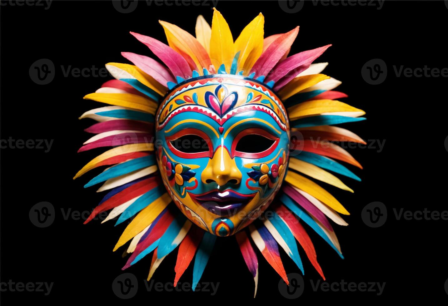 a colorful hispanic traditional mask with feathers on a black background photo