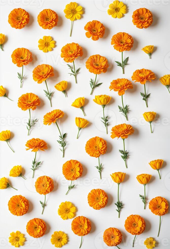 orange marigold flowers arranged in a pattern on a white surface photo