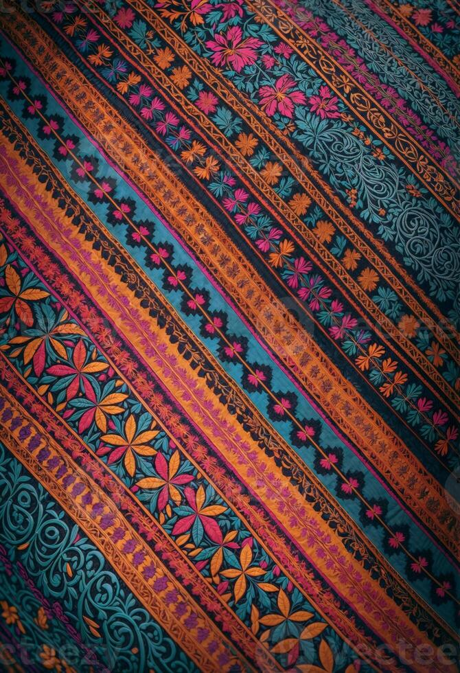 a close up of a colorful fabric with a tradtional hispanic pattern photo