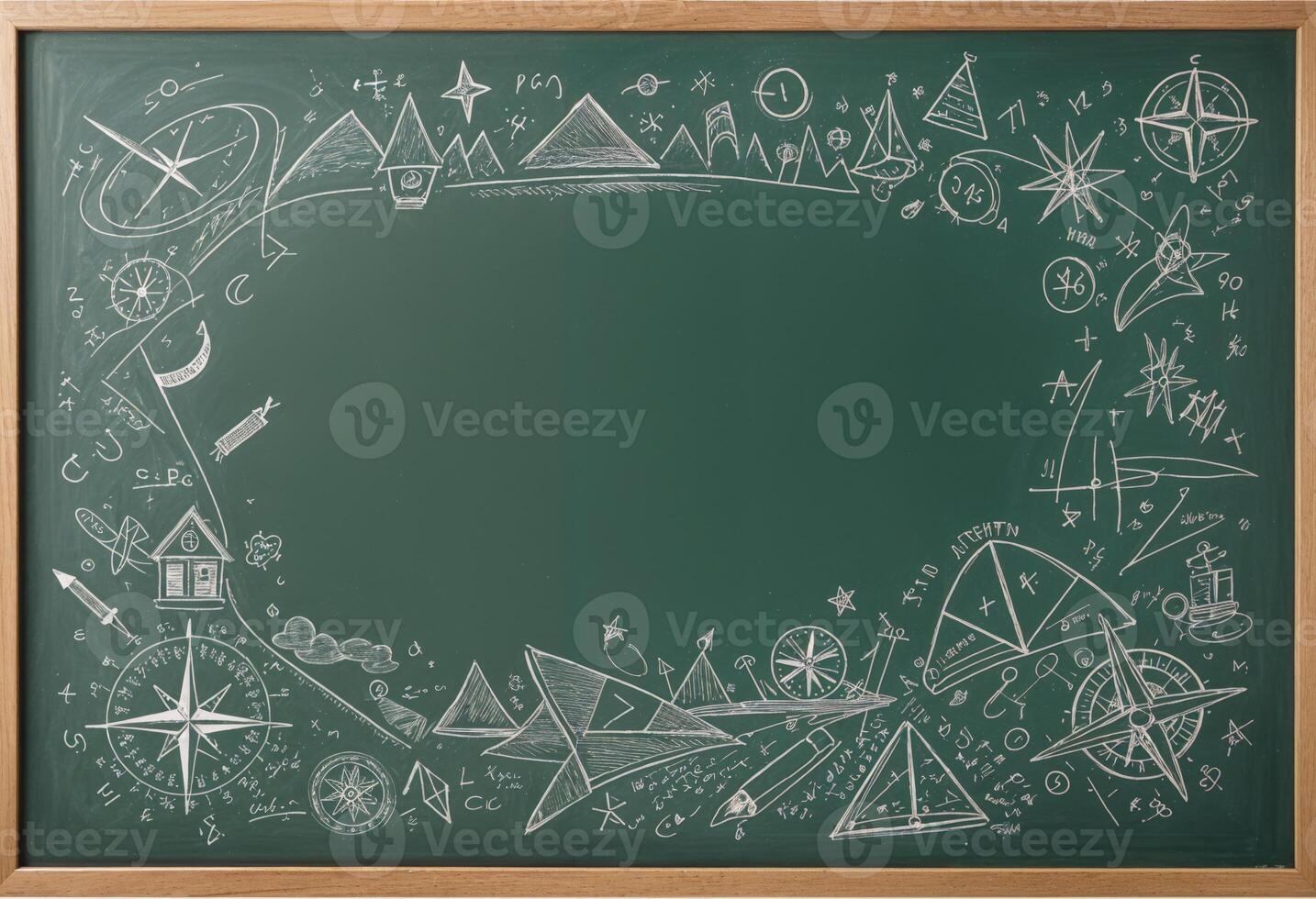a chalkboard with a chalk drawing of a compass, a globe, and other items photo
