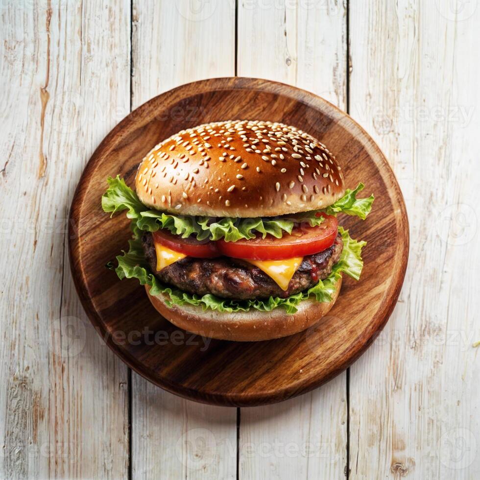 Fresh homemade burger with white sesame seeds, cheese in wood plate and on white wood background, wooden surface. Top side view natural lighting photo