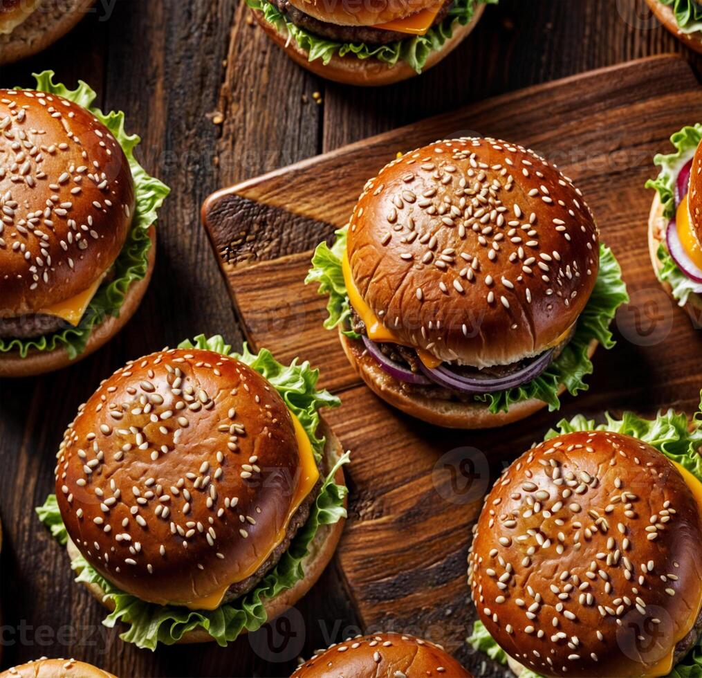 Fresh hamburger, cheese, vegetables and onions are delicious. Many freshly made pieces are beautifully arranged on dark wooden plates on an old, dark wooden table.top view photo