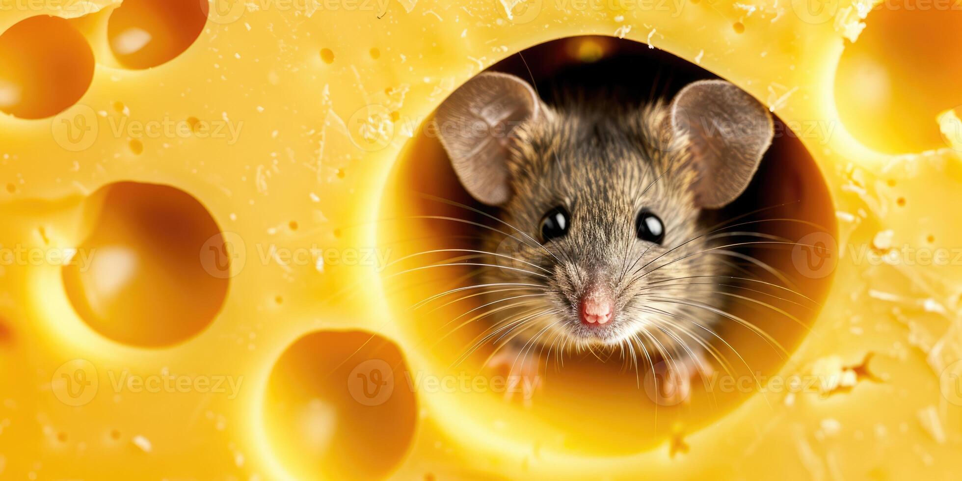 Close-up photo of a cute mouse looking out of a hole in Swiss cheese