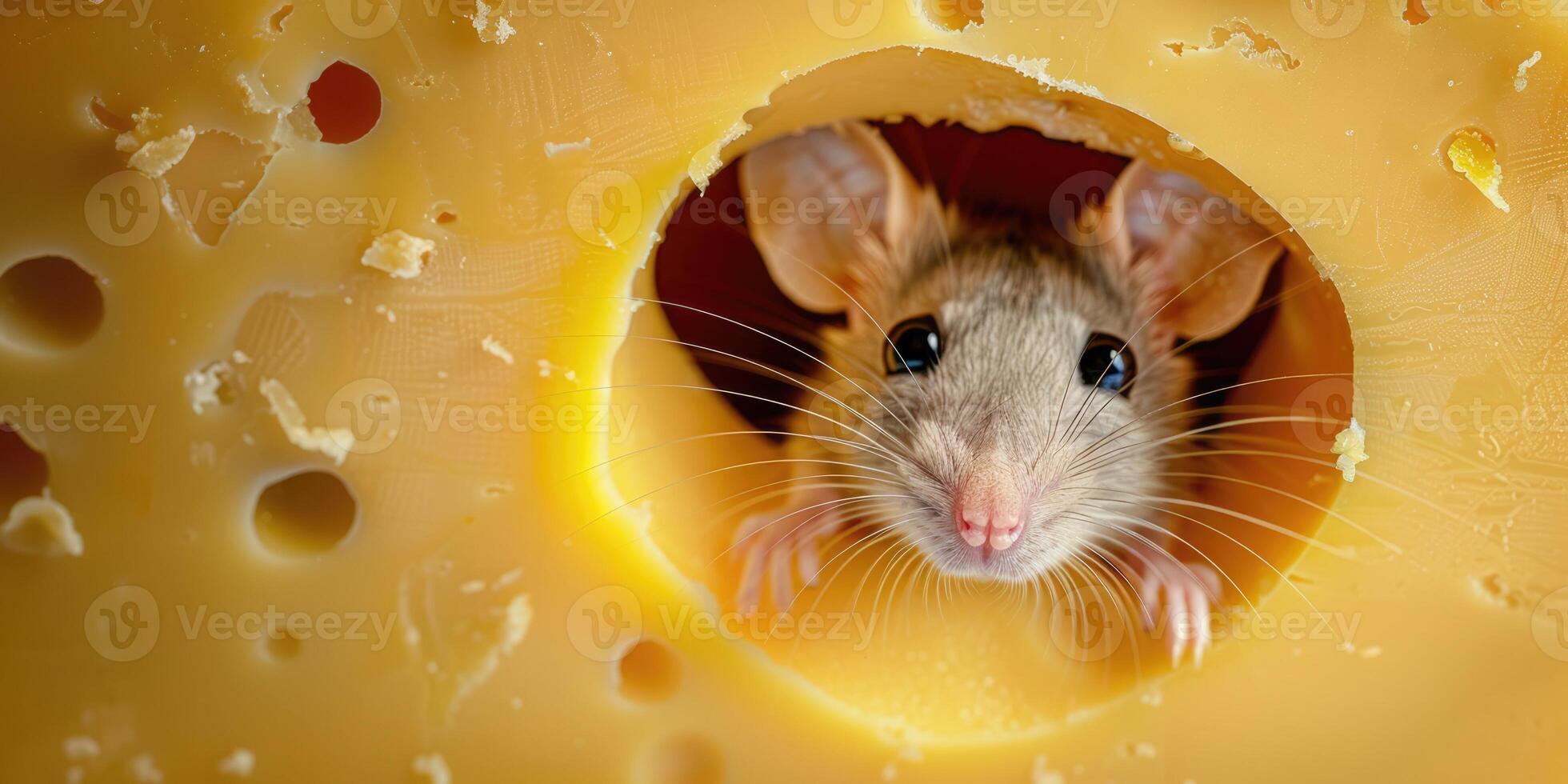 Close-up photo of a cute mouse looking out of a hole in Swiss cheese