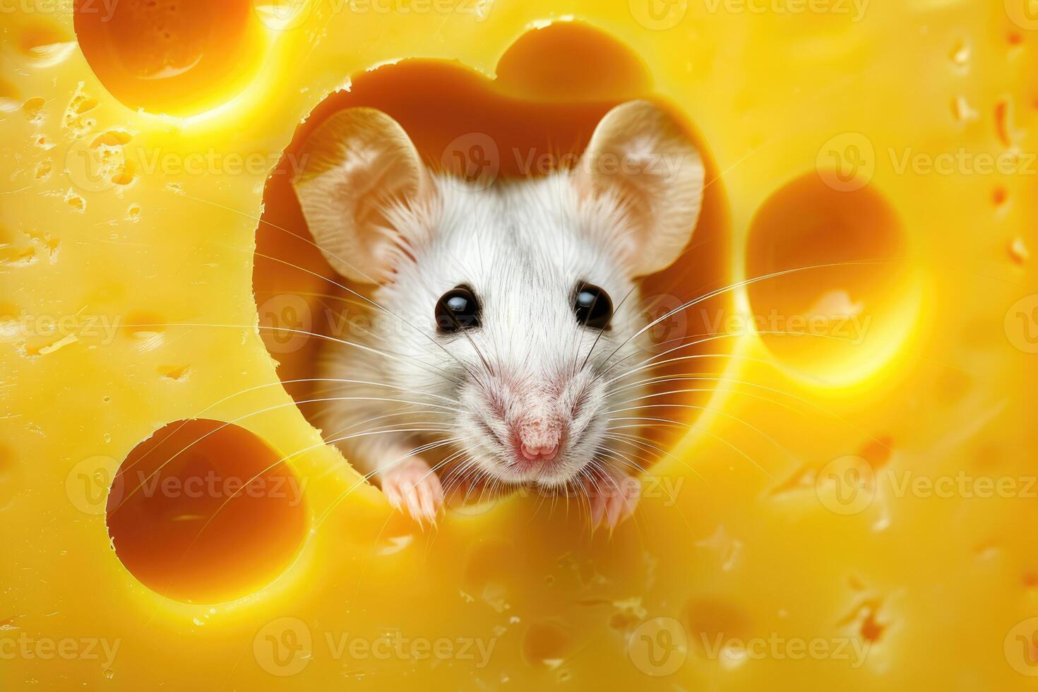 Close-up photo of a cute mouse looking out of a hole in Swiss cheese