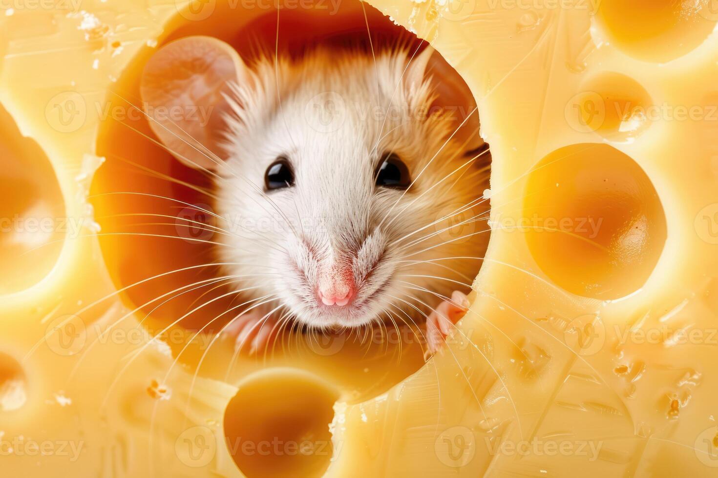 Close-up photo of a cute mouse looking out of a hole in Swiss cheese