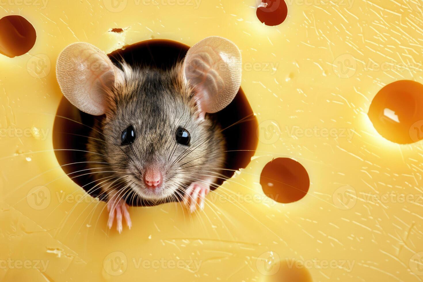 Close-up photo of a cute mouse looking out of a hole in Swiss cheese