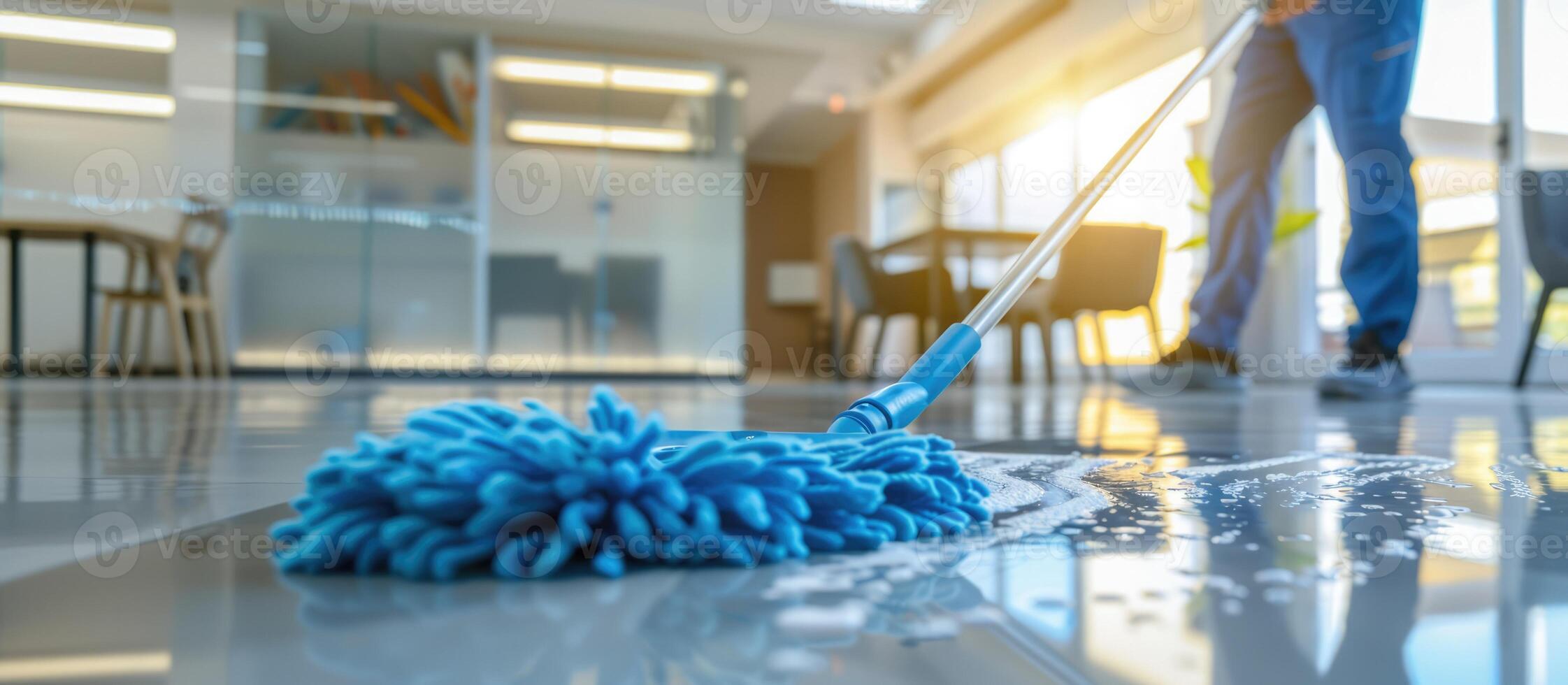Housekeeping, cleaning, person with a mop to clean the floor. Office or domestic worker, cleaner and housewife photo