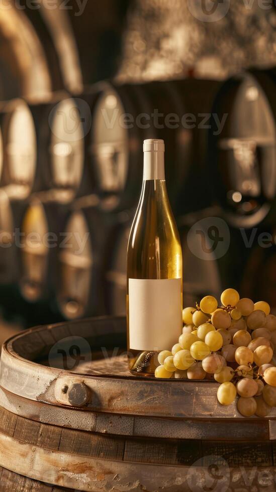 White wine bottle mock up on on top of an old barrel, rows of barrels inside a winery or castle-like building, copy space and place for logo photo