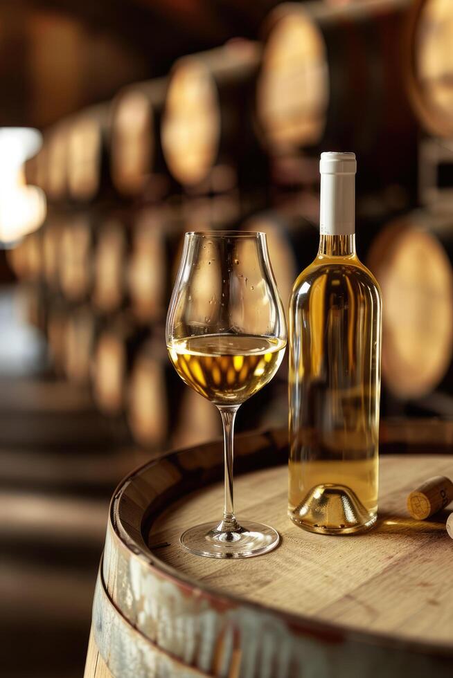 White wine bottle mock up on on top of an old barrel, rows of barrels inside a winery or castle-like building, copy space and place for logo photo