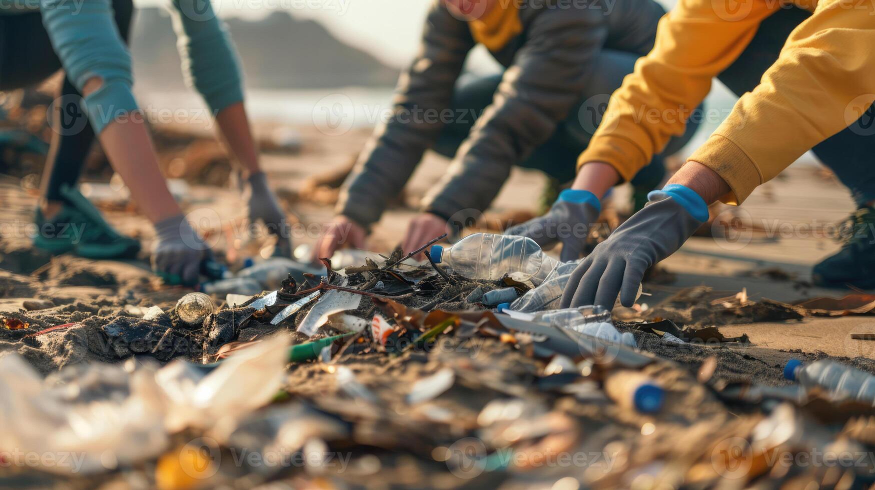 Inspiring photo of a diverse group of people working together, eco volunteers picking up plastic trash on the beach