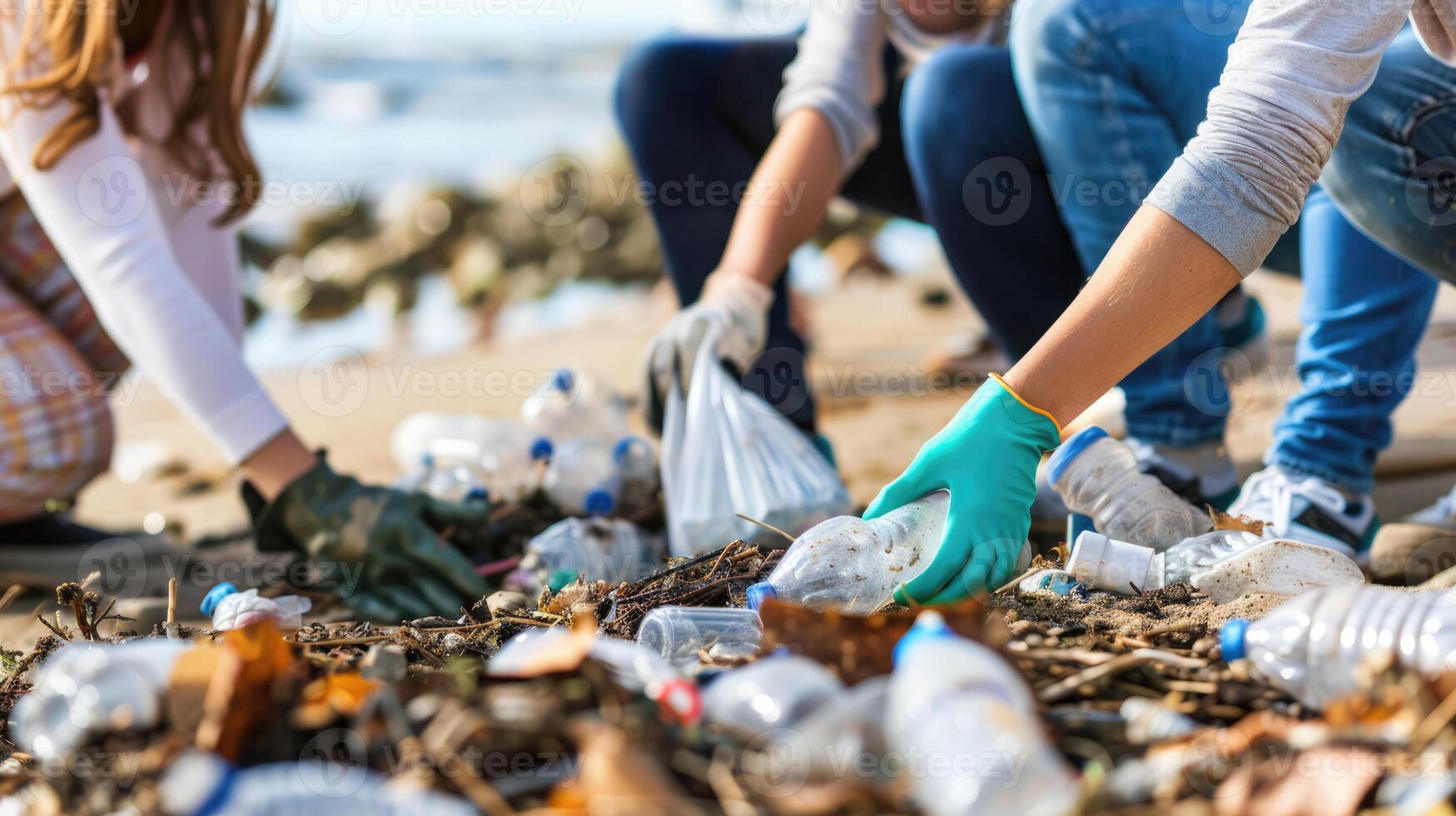 Inspiring photo of a diverse group of people working together, eco volunteers picking up plastic trash on the beach