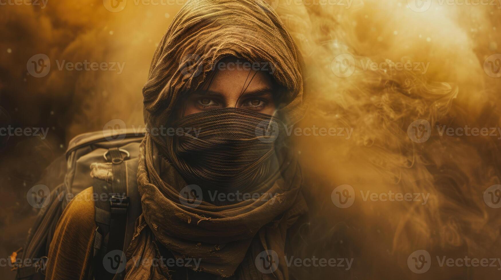 Hiker caught in a desert sandstorm, covering face with a scarf and struggling to move forward with swirling sand, extreme weather photo
