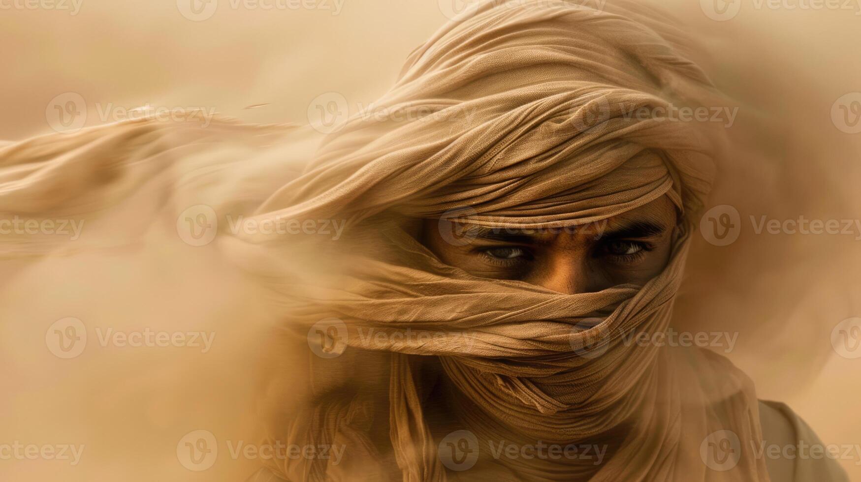 Hiker caught in a desert sandstorm, covering face with a scarf and struggling to move forward with swirling sand, extreme weather photo