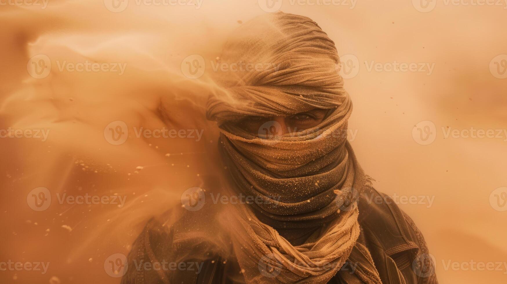 Hiker caught in a desert sandstorm, covering face with a scarf and struggling to move forward with swirling sand, extreme weather photo