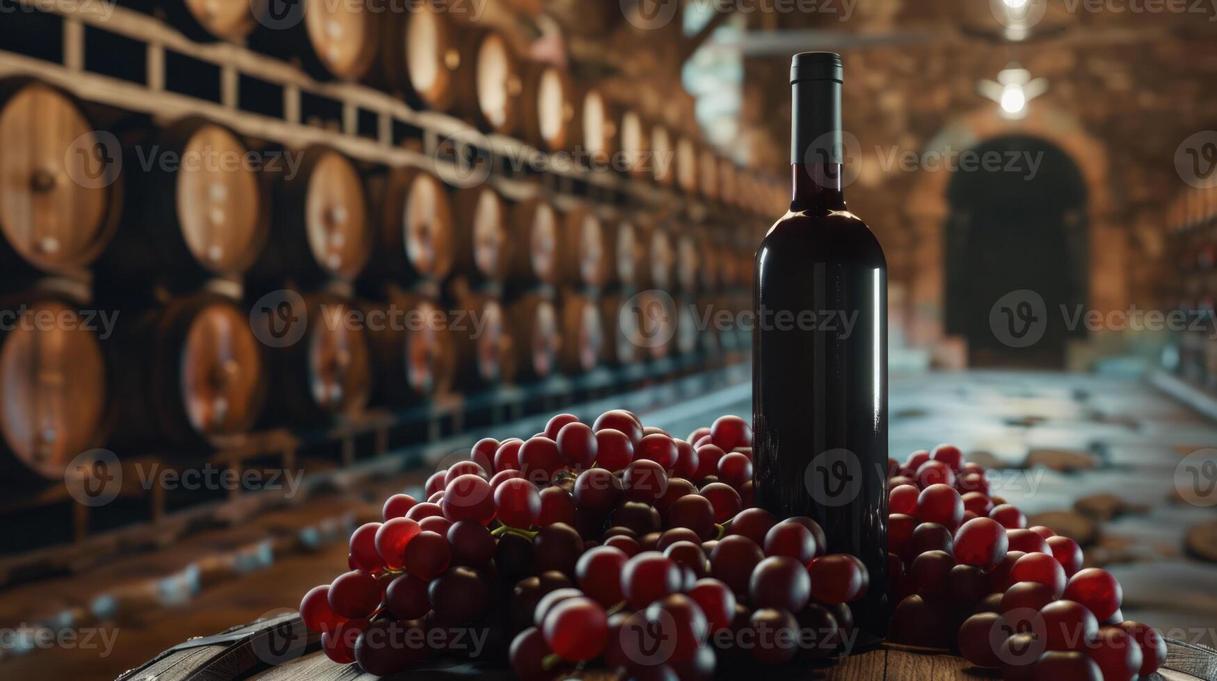 Red wine bottle mock up on on top of an old barrel, rows of barrels inside a winery or castle-like building, copy space and place for logo photo