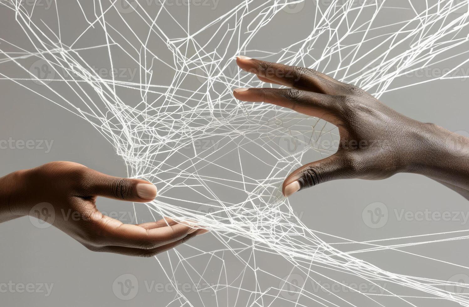 Photo shows hands weaving strings together, forming an intricate web. Metaphor of various connections between people through communication, help, love, care