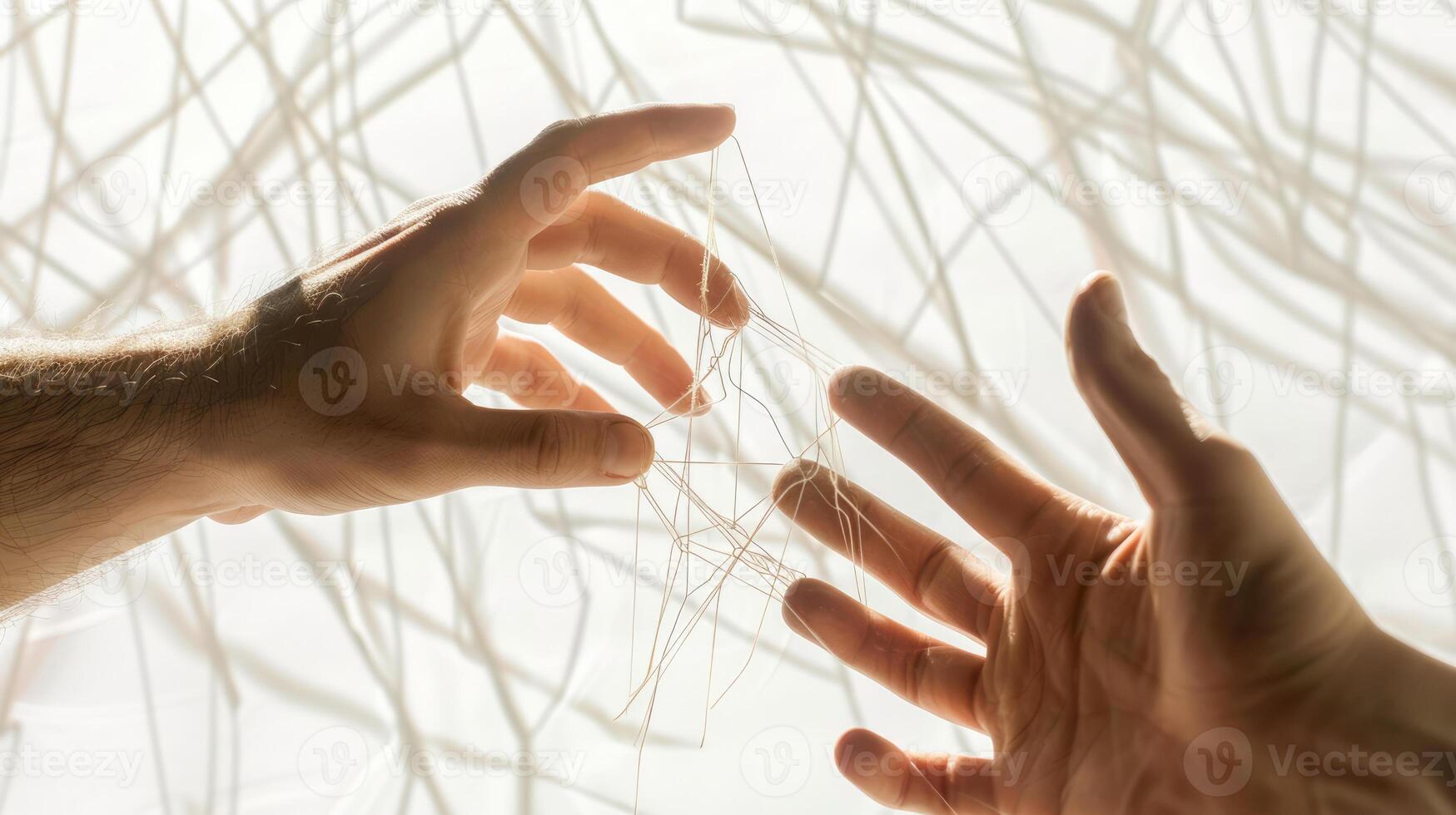 Photo shows hands weaving strings together, forming an intricate web. Metaphor of various connections between people through communication, help, love, care