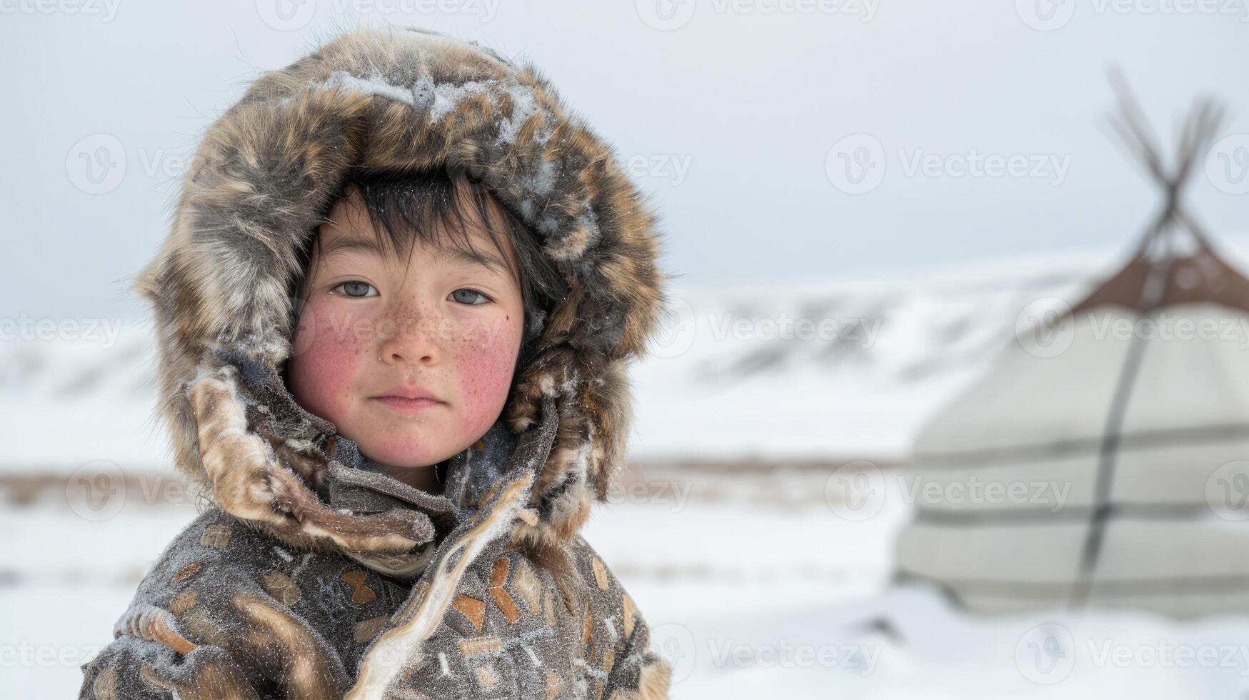 Inuit young child dressed in traditional fur clothing, standing proudly before a snow-covered yurt, peoples in extreme climates photo