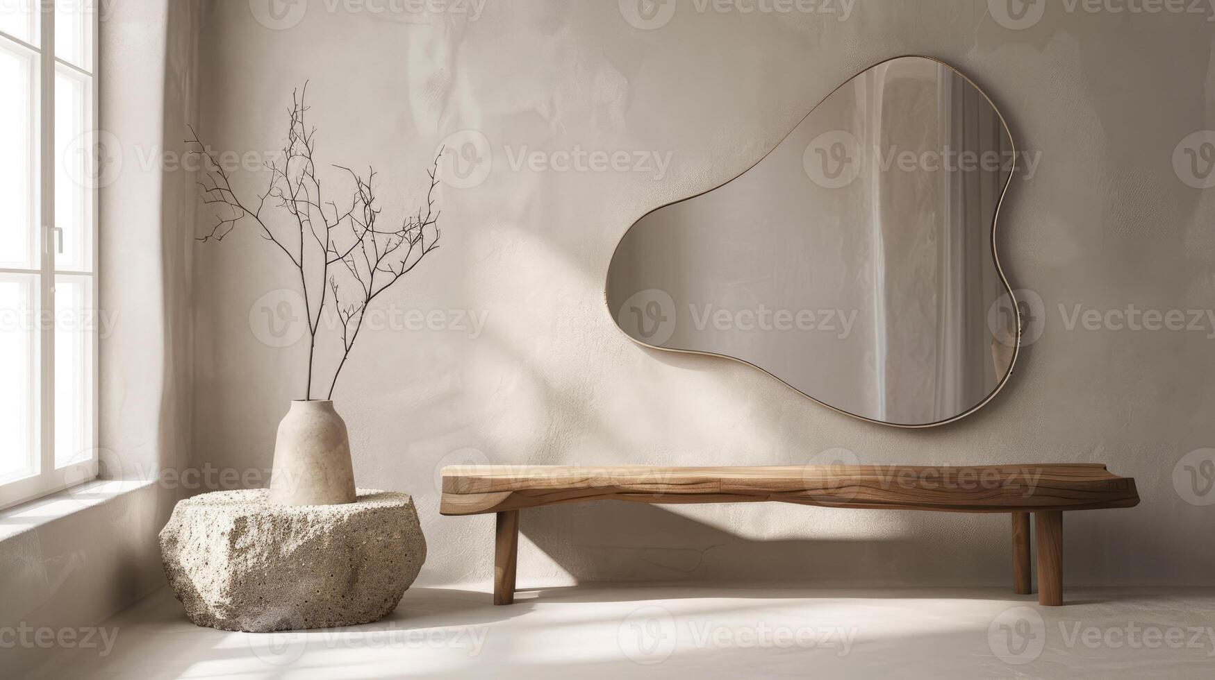 Organic shaped asymmetrical mirror with a wooden frame on the wall in front of the bench, wabi sabi interior design photo