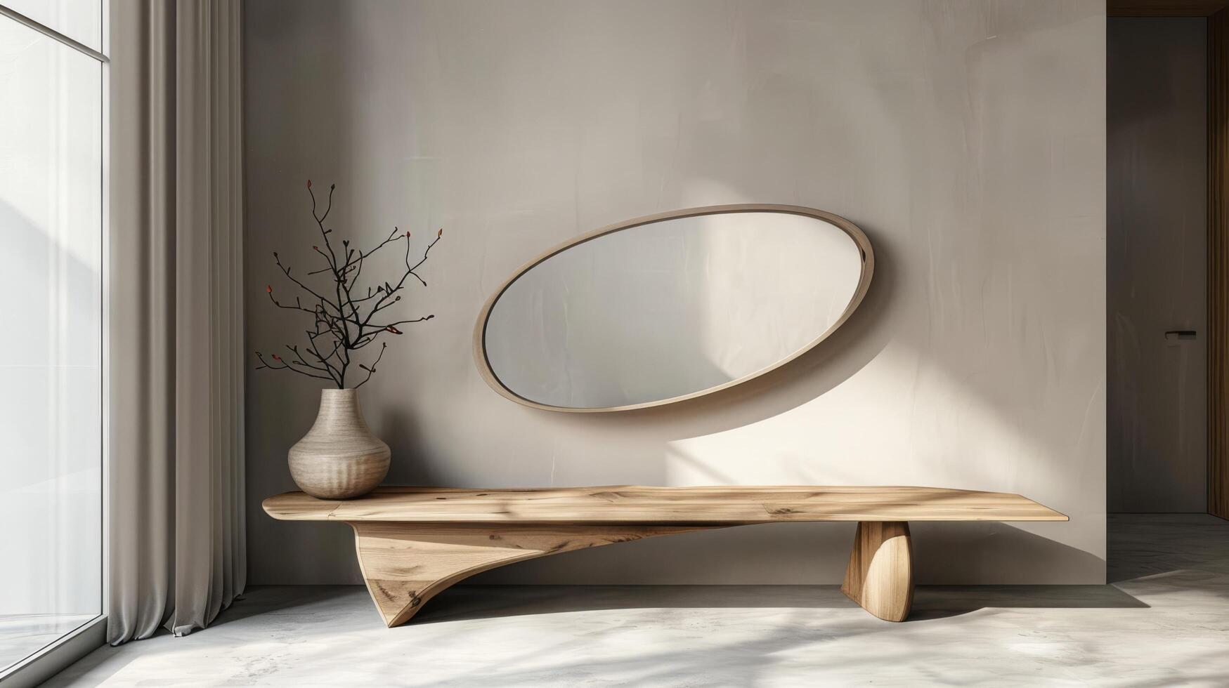 Organic shaped asymmetrical mirror with a wooden frame on the wall in front of the bench, wabi sabi interior design photo
