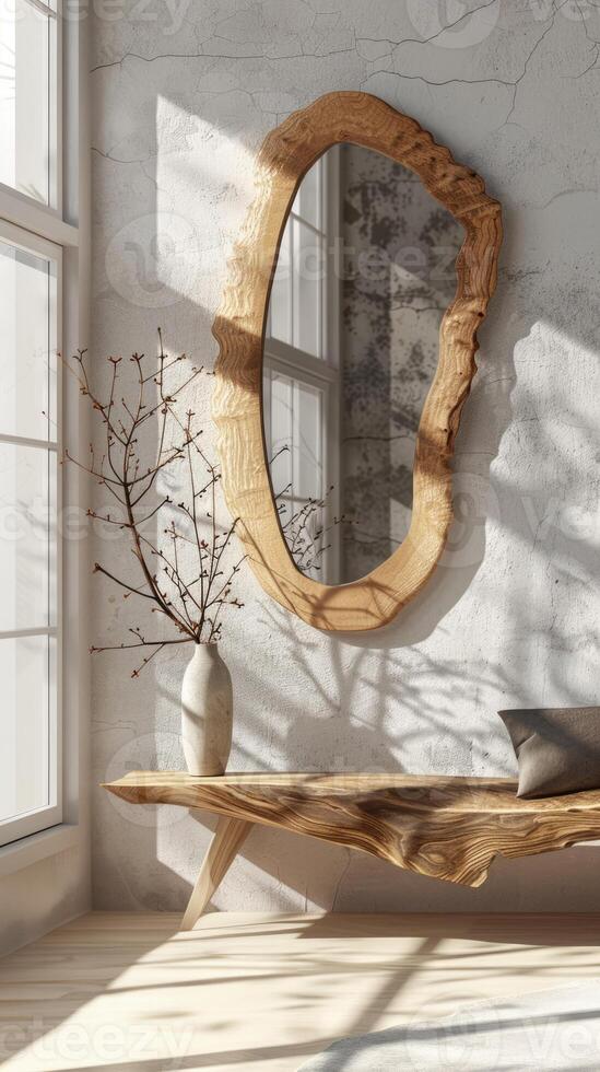 Organic shaped asymmetrical mirror with a wooden frame on the wall in front of the bench, wabi sabi interior design photo