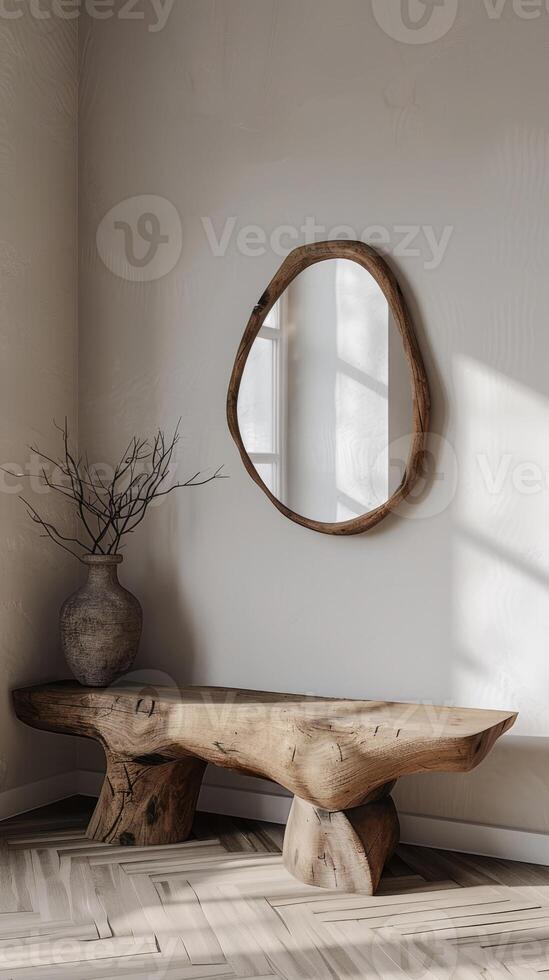 Organic shaped asymmetrical mirror with a wooden frame on the wall in front of the bench, wabi sabi interior design photo