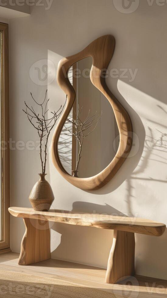 Organic shaped asymmetrical mirror with a wooden frame on the wall in front of the bench, wabi sabi interior design photo