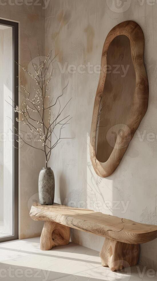 Organic shaped asymmetrical mirror with a wooden frame on the wall in front of the bench, wabi sabi interior design photo